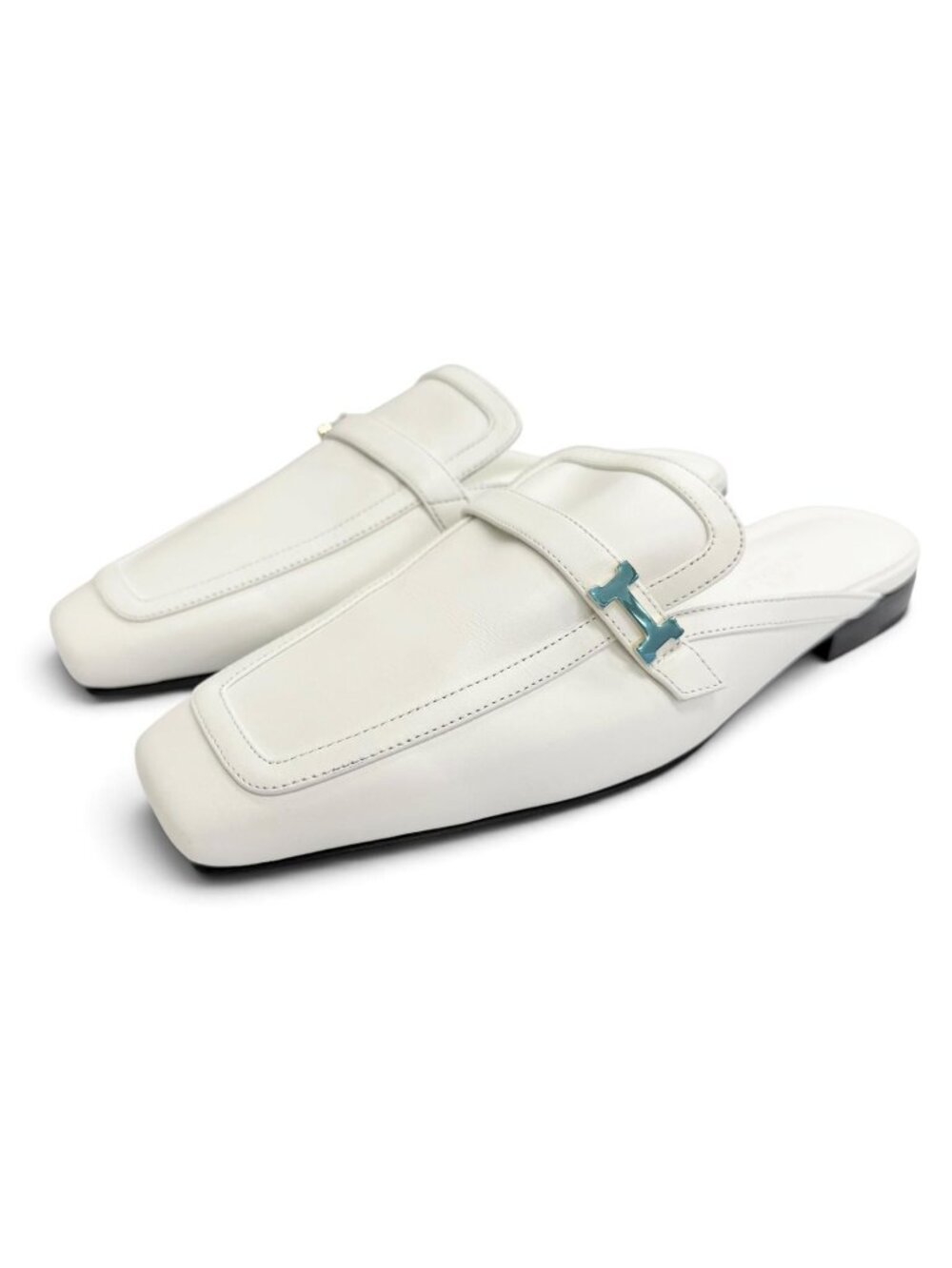 Hermes Groupie Gold Logo Buckle Square Toe Leather Sandals White